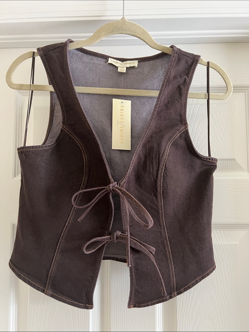 Thirty Thirty Brown Jean Tie-Front Crop Vest - Picture 3 of 9